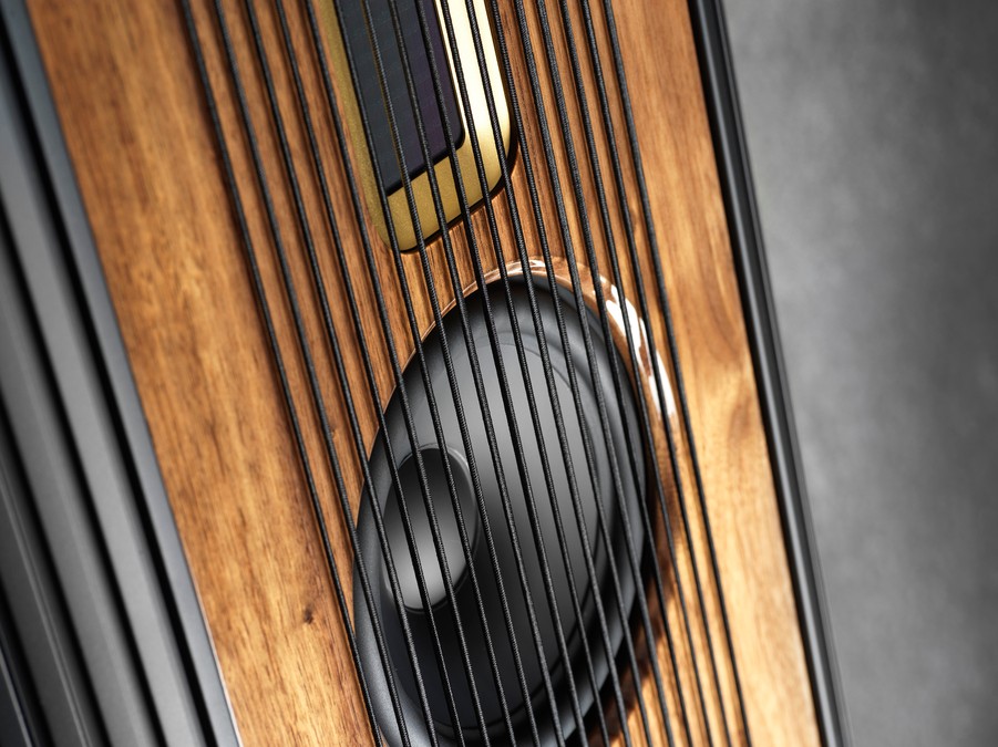 A close-up photo of a hi-fi audio speaker. 