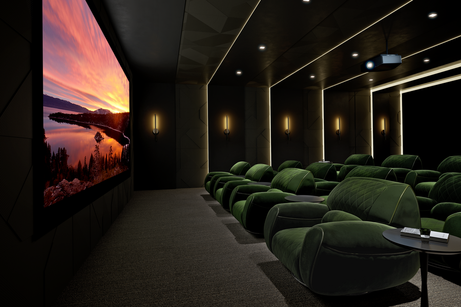 A luxury home theater with a large screen and multi-row seating in a Colorado Springs home.