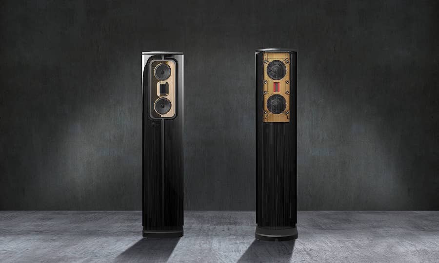A view of the new Steinway Model C high-end audio speakers against a gray/black background.