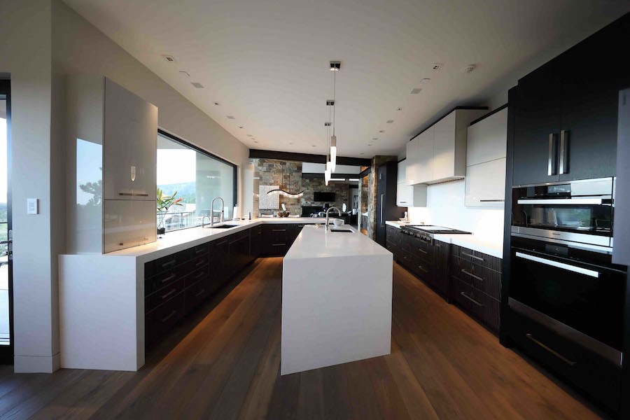 Modern kitchen with integrated home Wi-Fi technology in a luxury Steamboat Springs residence.