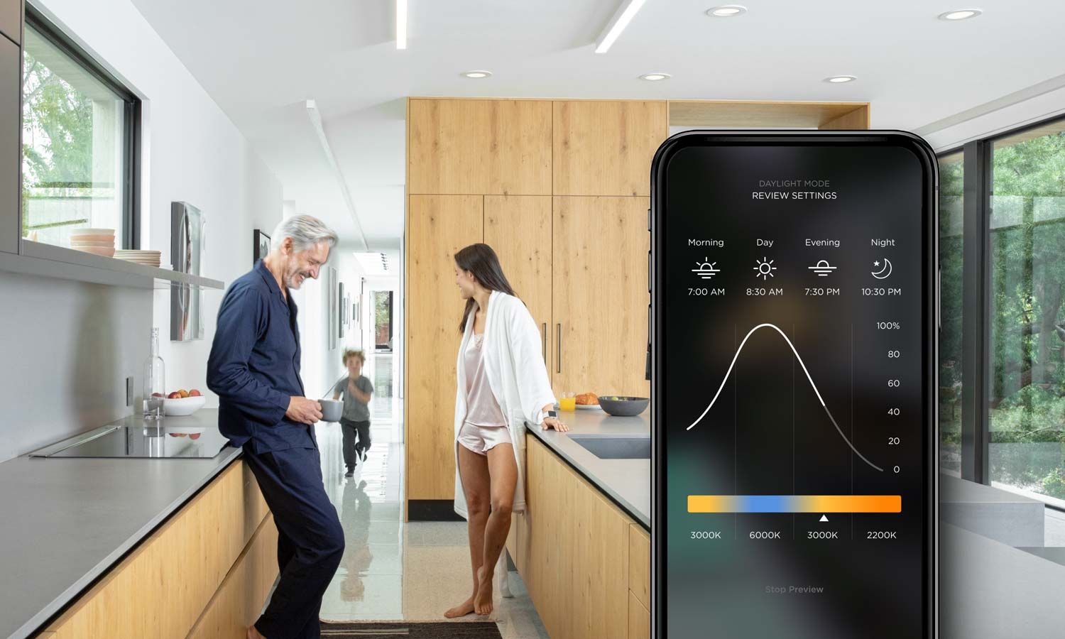 husband in wife standing in kitchen, popover of tunable lighting from savant